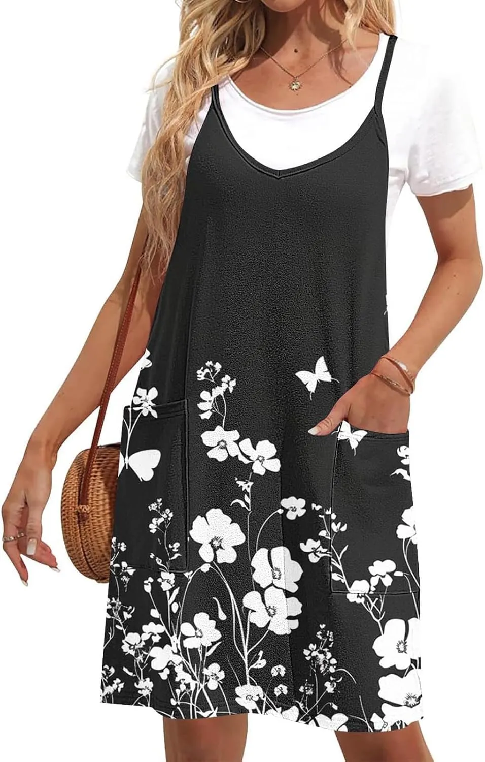 Womens Casual Sundress Trendy Flower Pattern Print Summer Dresses Sleeveless Loose Vacation Beach Dress