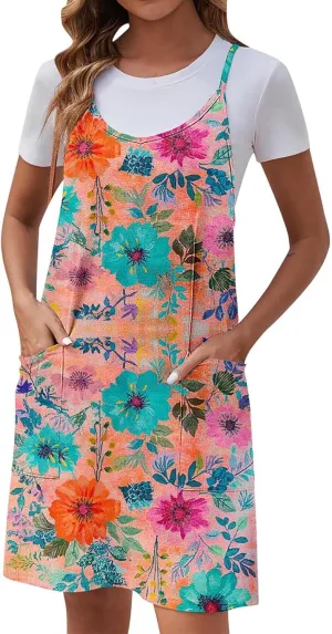 Womens Casual Sundress Trendy Flower Pattern Print Summer Dresses Sleeveless Loose Vacation Beach Dress