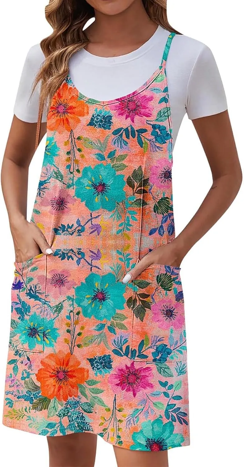 Womens Casual Sundress Trendy Flower Pattern Print Summer Dresses Sleeveless Loose Vacation Beach Dress