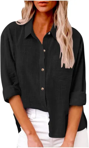 Womens Cotton Linen Button Down Shirts Long Sleeve Collared Gauze Blouses Business Casual Tshirts Loose Summer Tops