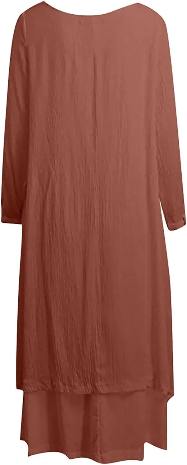 Women's Cotton Linen Irregular Double Layer Dress,Plus Size Long Sleeve Loose Boho Caftan Beach Dress