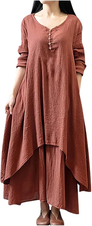 Women's Cotton Linen Irregular Double Layer Dress,Plus Size Long Sleeve Loose Boho Caftan Beach Dress