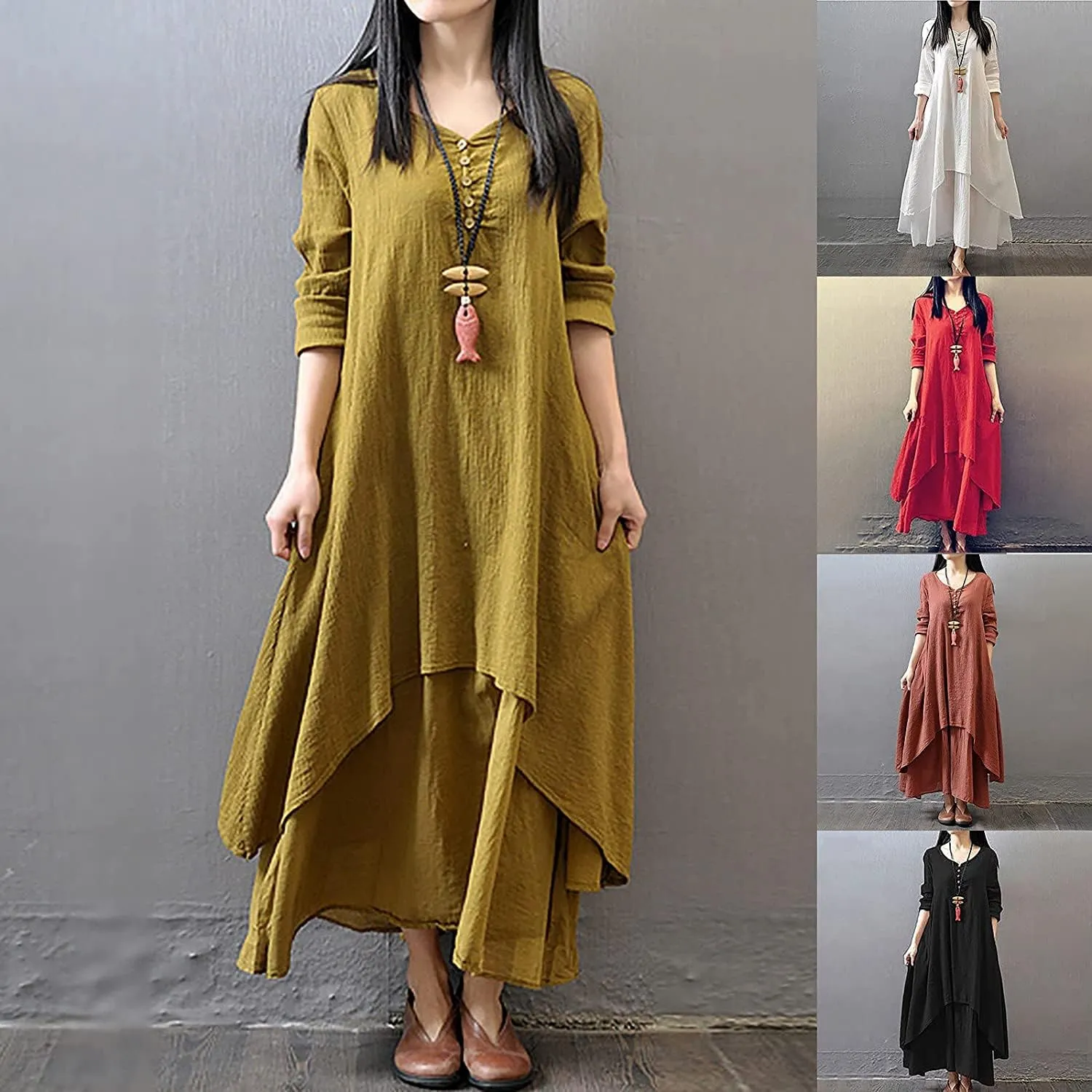 Women's Cotton Linen Irregular Double Layer Dress,Plus Size Long Sleeve Loose Boho Caftan Beach Dress