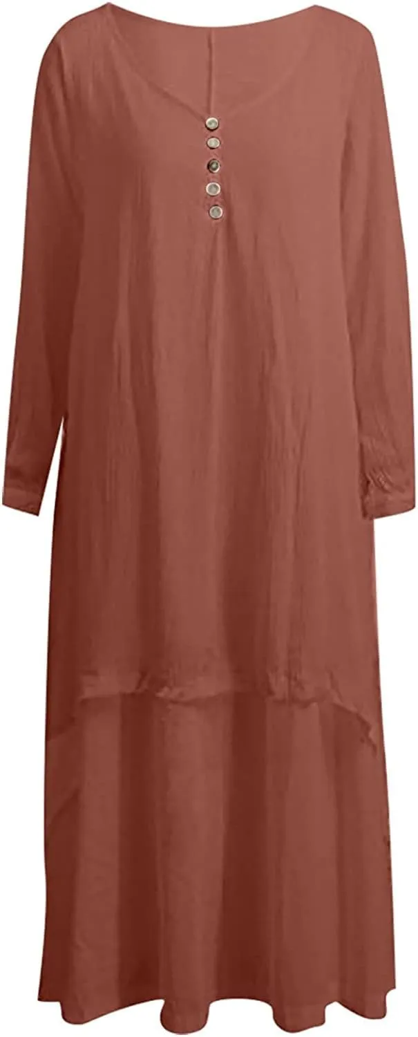 Women's Cotton Linen Irregular Double Layer Dress,Plus Size Long Sleeve Loose Boho Caftan Beach Dress