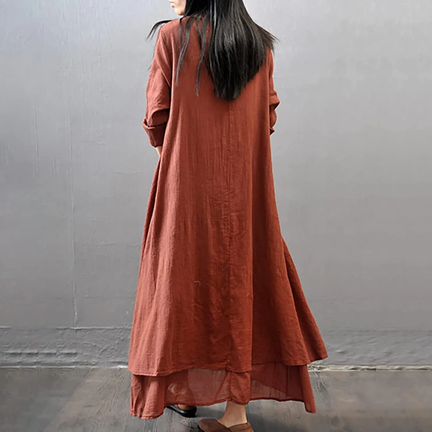 Women's Cotton Linen Irregular Double Layer Dress,Plus Size Long Sleeve Loose Boho Caftan Beach Dress