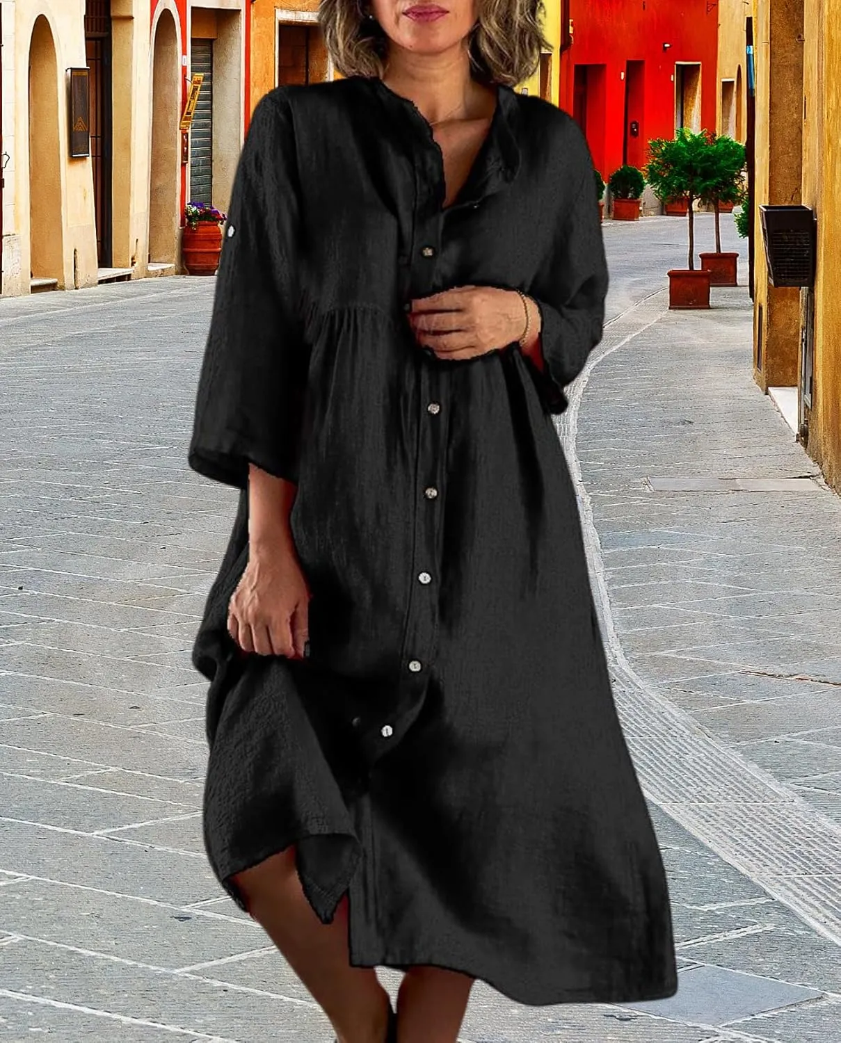 Women's Cotton Linen Long Sleeve Button Down Shirt Dress Summer Casual Plus Size A-Line Swing Midi Dresses