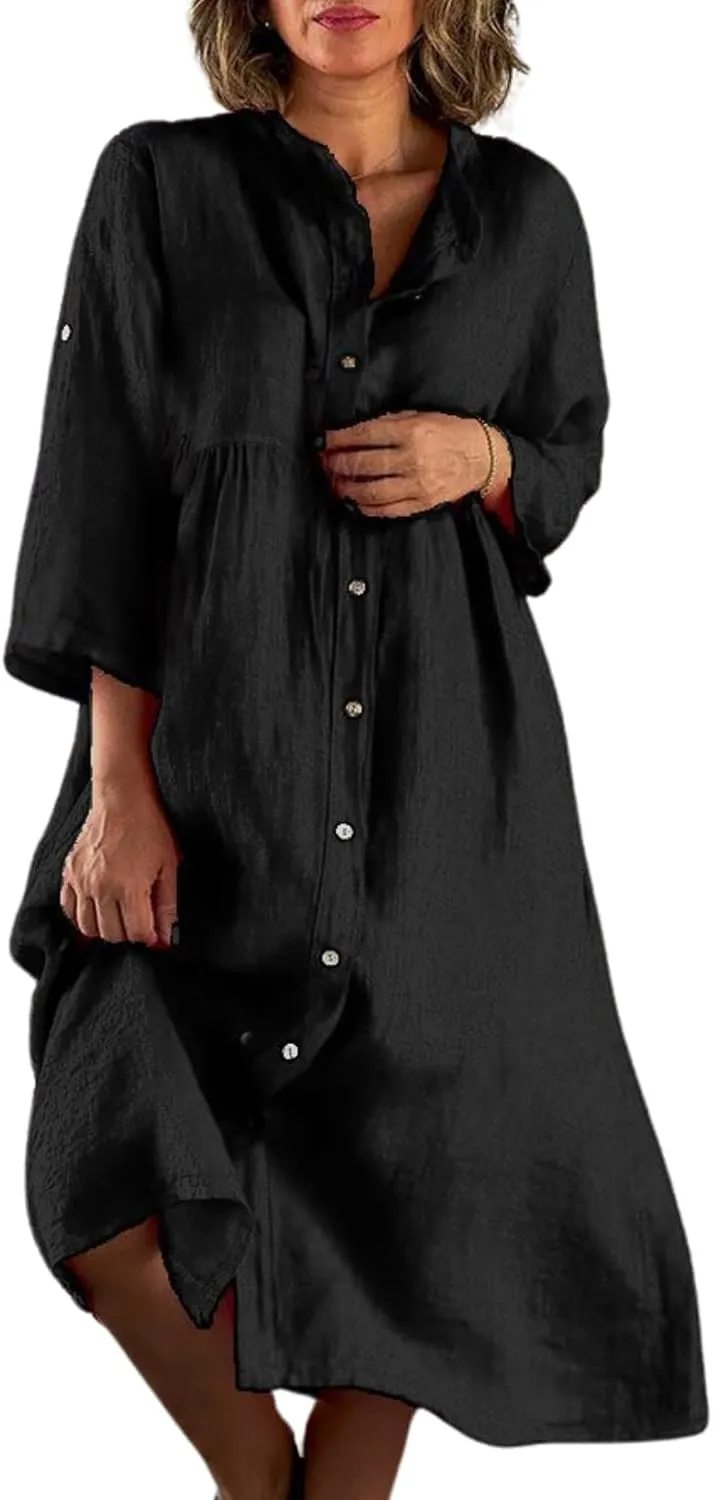 Women's Cotton Linen Long Sleeve Button Down Shirt Dress Summer Casual Plus Size A-Line Swing Midi Dresses
