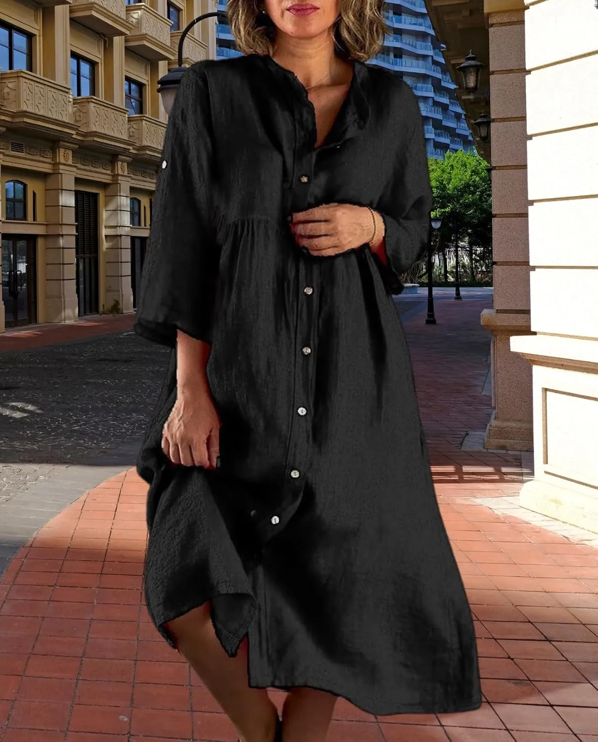 Women's Cotton Linen Long Sleeve Button Down Shirt Dress Summer Casual Plus Size A-Line Swing Midi Dresses