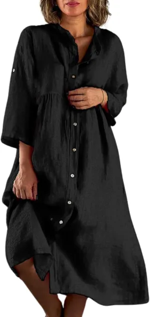 Women's Cotton Linen Long Sleeve Button Down Shirt Dress Summer Casual Plus Size A-Line Swing Midi Dresses