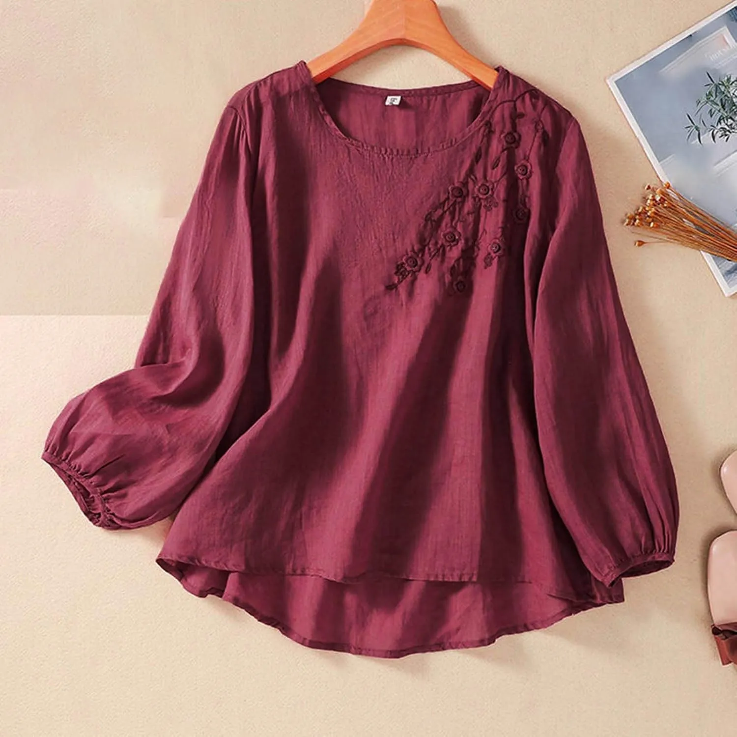 Womens Cotton Linen Shirts Summer Loose Crew Neck Casual Boho Long Sleeve Tee Top Vintage Bohemian Embroidered Blouse