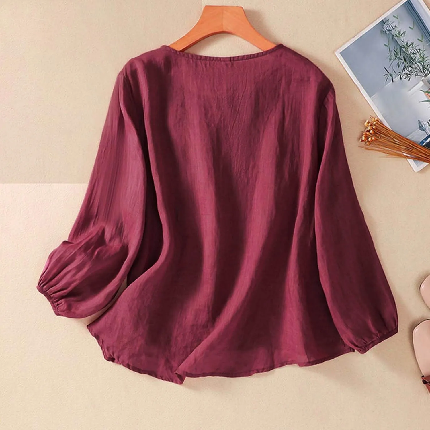Womens Cotton Linen Shirts Summer Loose Crew Neck Casual Boho Long Sleeve Tee Top Vintage Bohemian Embroidered Blouse