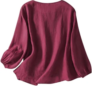 Womens Cotton Linen Shirts Summer Loose Crew Neck Casual Boho Long Sleeve Tee Top Vintage Bohemian Embroidered Blouse