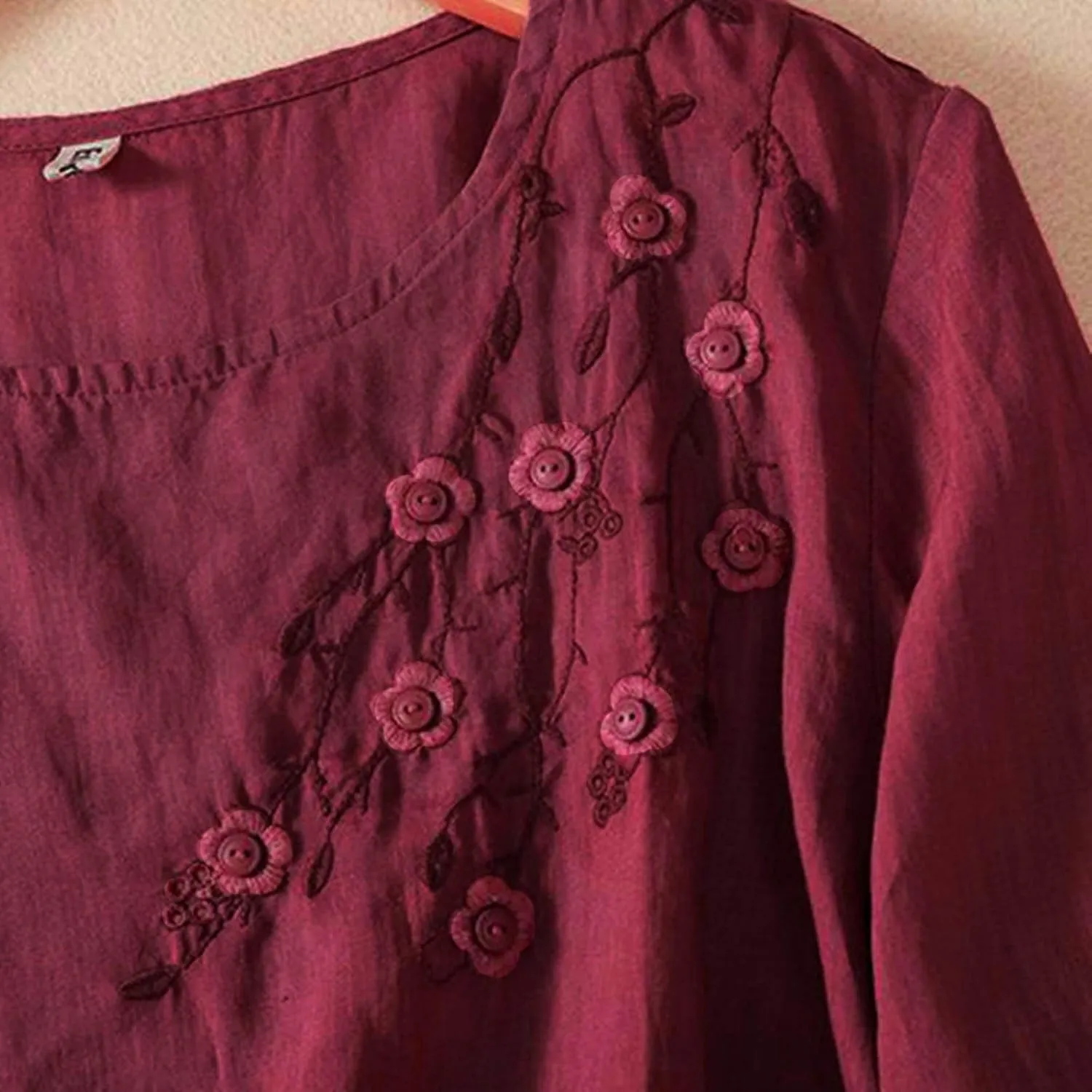 Womens Cotton Linen Shirts Summer Loose Crew Neck Casual Boho Long Sleeve Tee Top Vintage Bohemian Embroidered Blouse