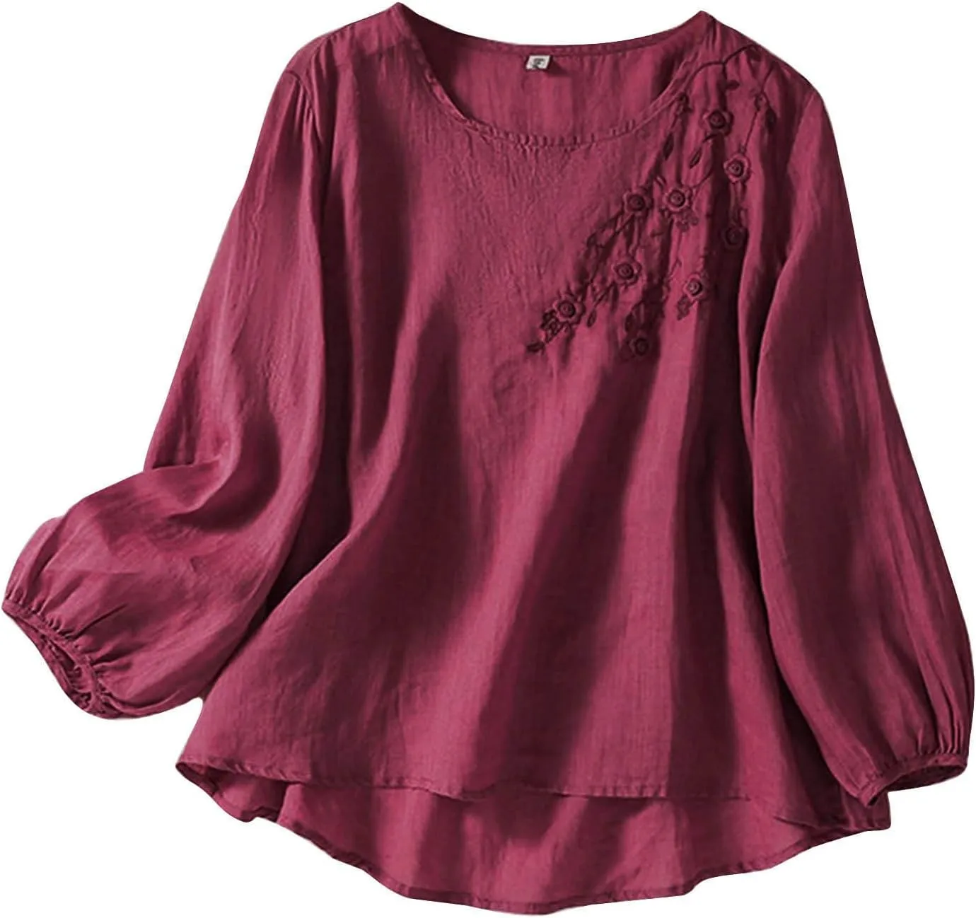 Womens Cotton Linen Shirts Summer Loose Crew Neck Casual Boho Long Sleeve Tee Top Vintage Bohemian Embroidered Blouse