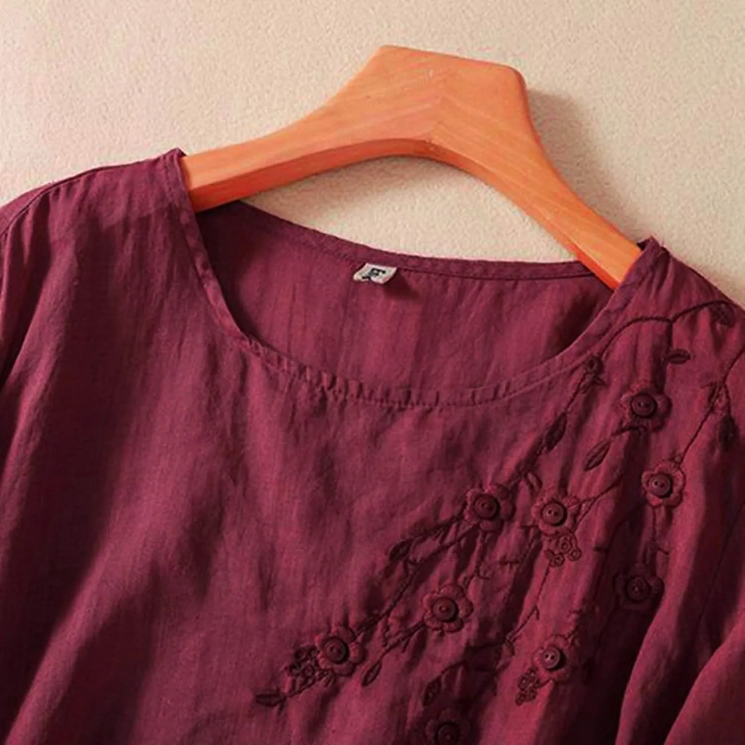 Womens Cotton Linen Shirts Summer Loose Crew Neck Casual Boho Long Sleeve Tee Top Vintage Bohemian Embroidered Blouse