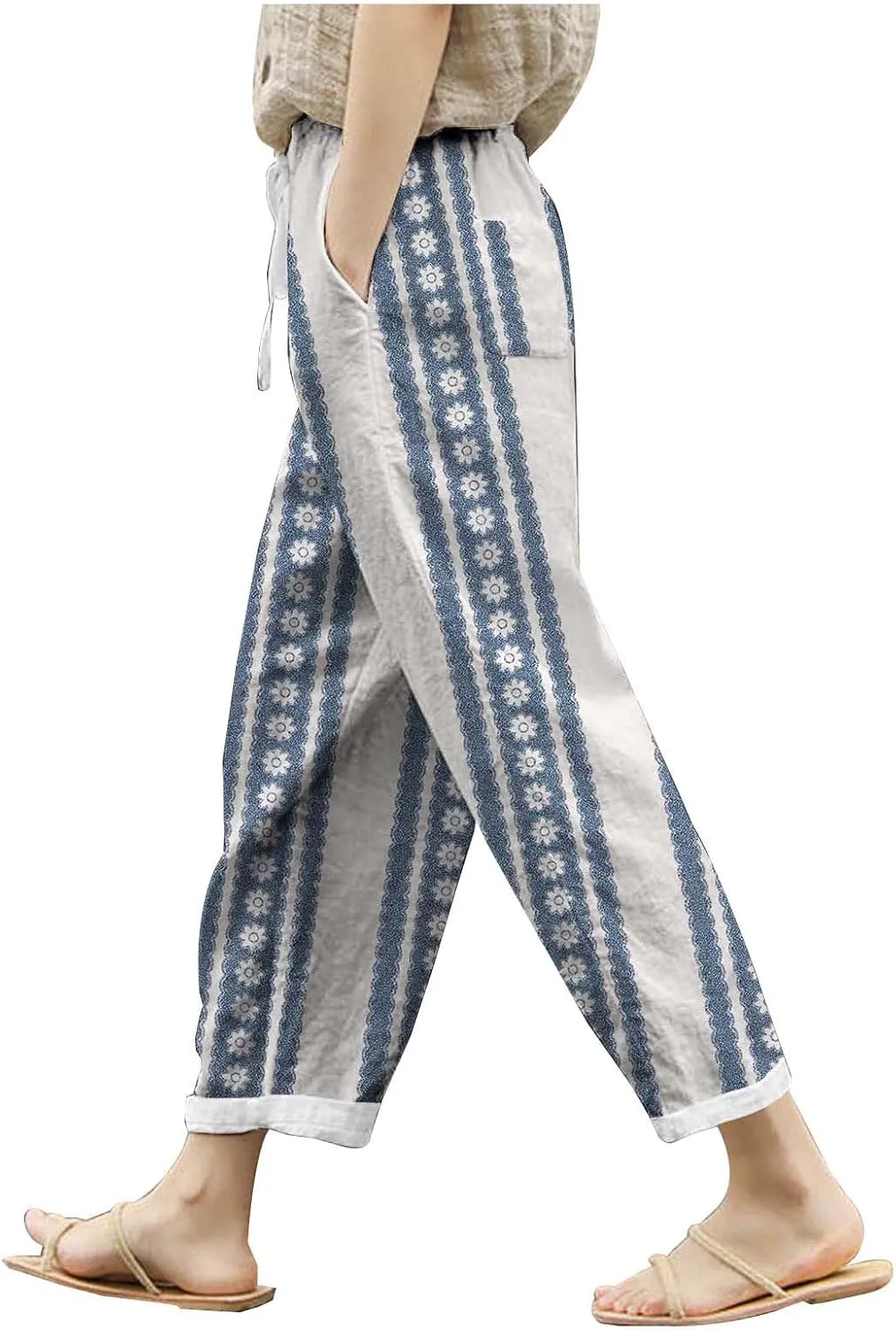 Women's Cotton Linen Summer Casual Loose Pants Elastic Waist Straight Loose Fit Trouser Office