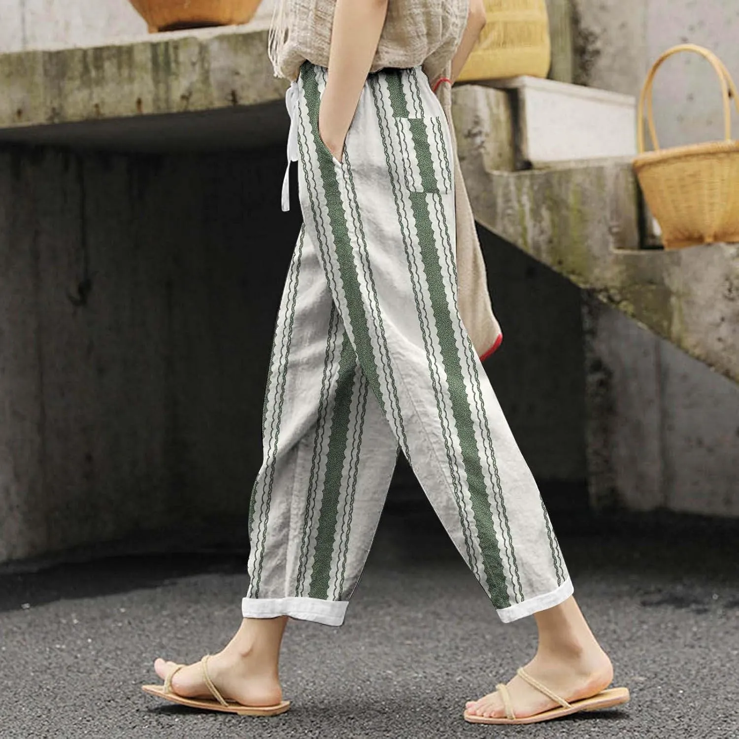 Women's Cotton Linen Summer Casual Loose Pants Elastic Waist Straight Loose Fit Trouser Office