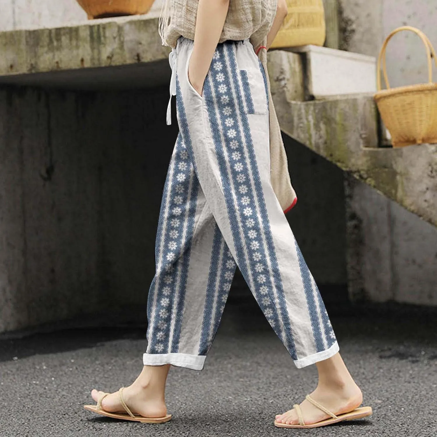 Women's Cotton Linen Summer Casual Loose Pants Elastic Waist Straight Loose Fit Trouser Office