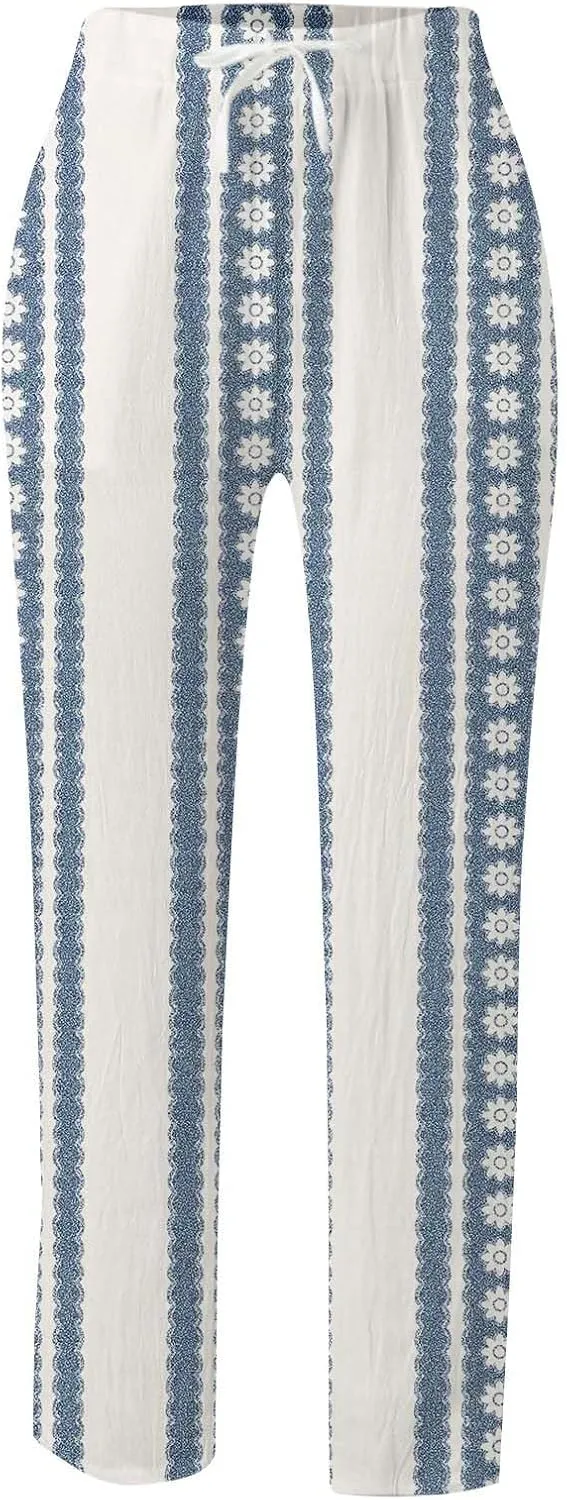 Women's Cotton Linen Summer Casual Loose Pants Elastic Waist Straight Loose Fit Trouser Office