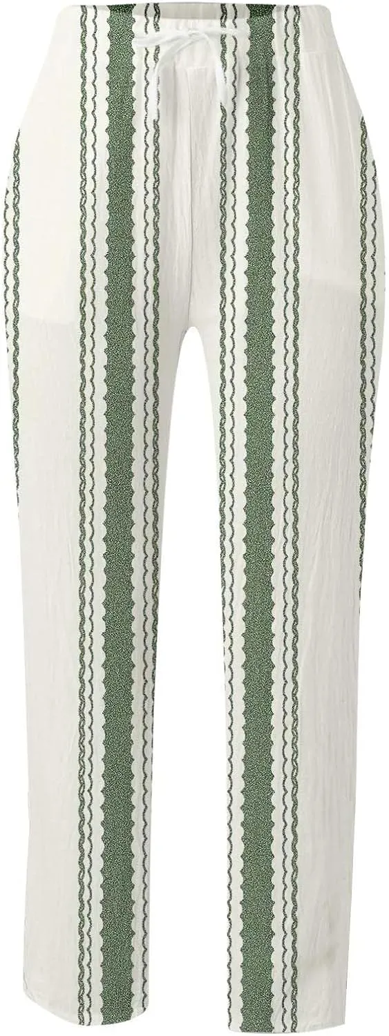 Women's Cotton Linen Summer Casual Loose Pants Elastic Waist Straight Loose Fit Trouser Office