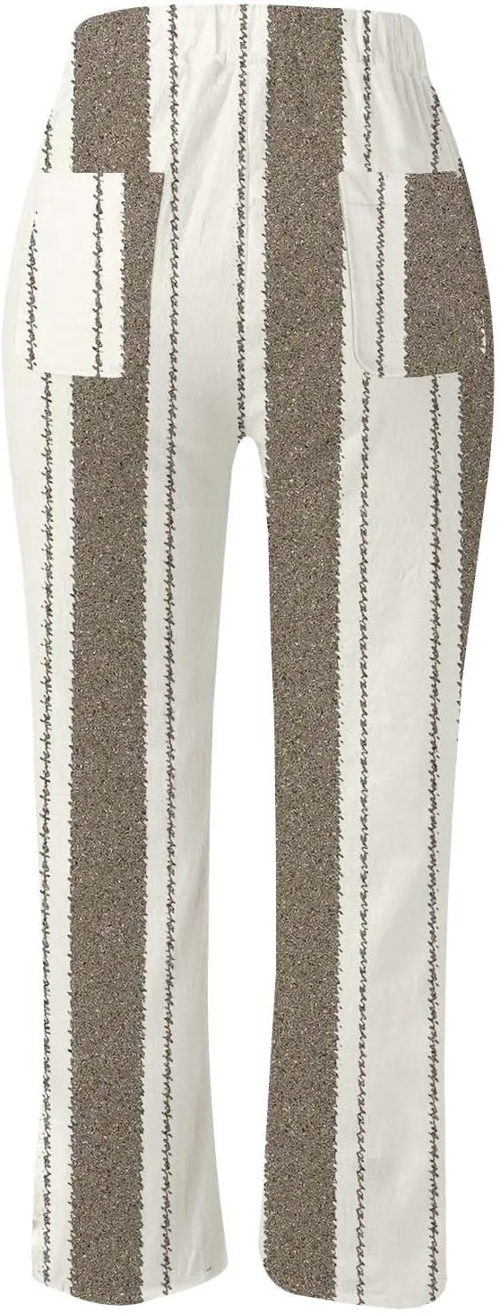 Women's Cotton Linen Summer Casual Loose Pants Elastic Waist Straight Loose Fit Trouser Office