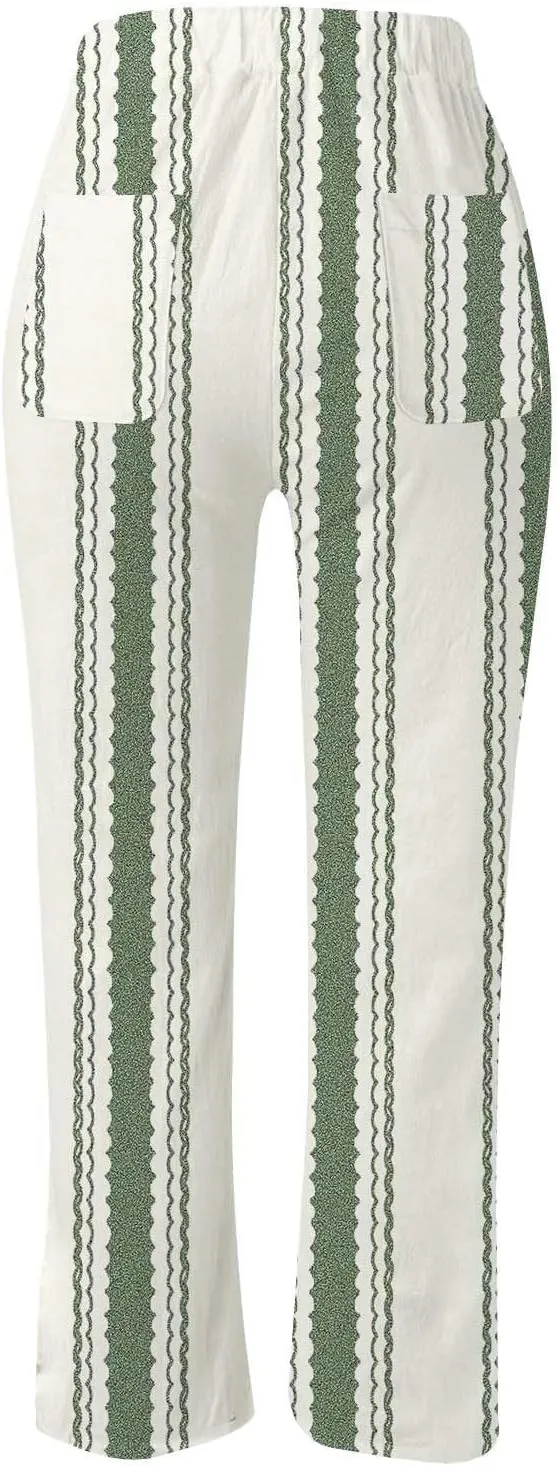 Women's Cotton Linen Summer Casual Loose Pants Elastic Waist Straight Loose Fit Trouser Office