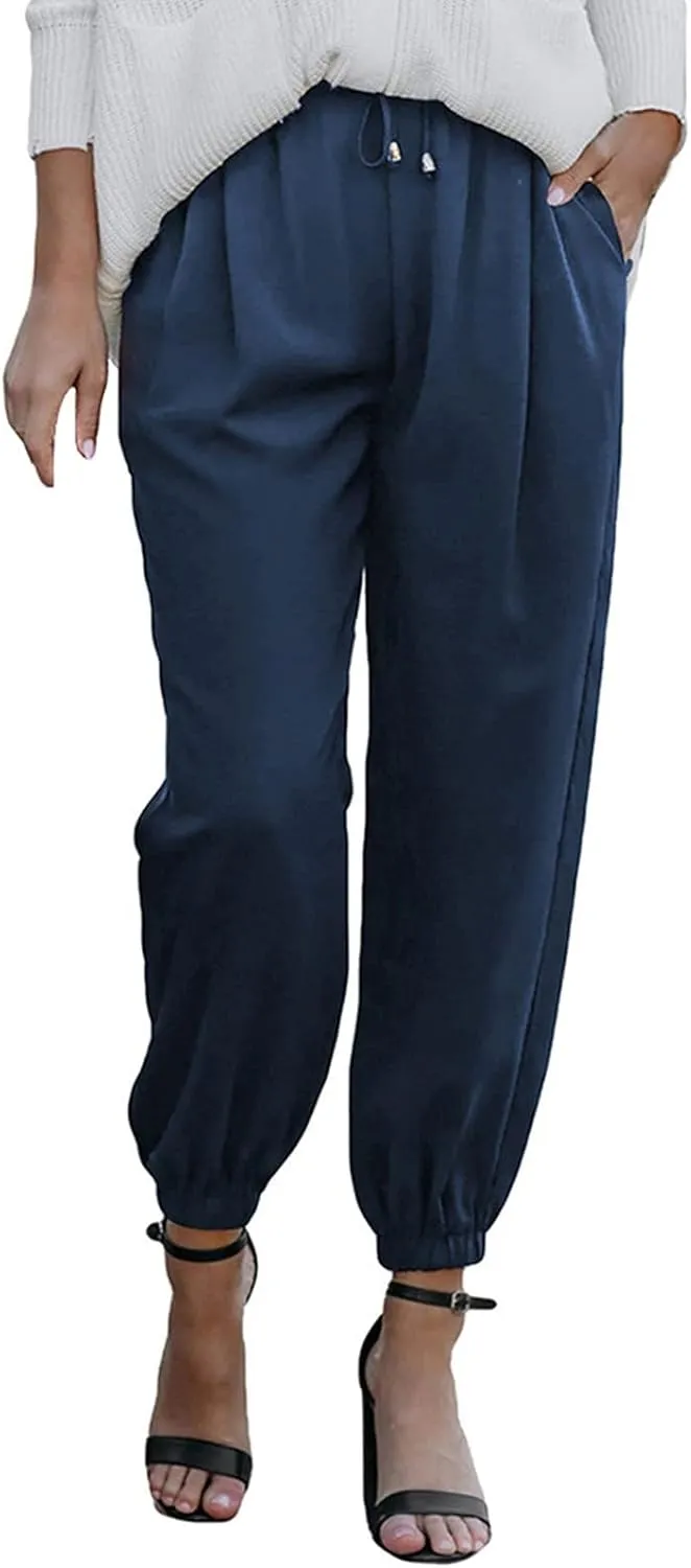 Womens Cotton Linen Summer Loose Flowy Palazzo Pants Elastic Waist Stretchy Loose Fit Trousers Work Business
