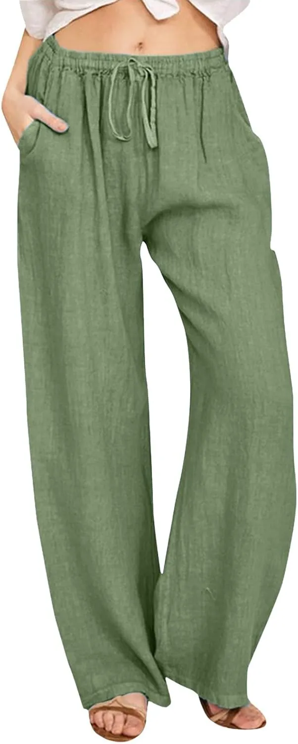 Women's Cotton Linen Summer Loose Palazzo Lounge Pants High Waist Straight Loose Fit Palazzo Pants Work Business