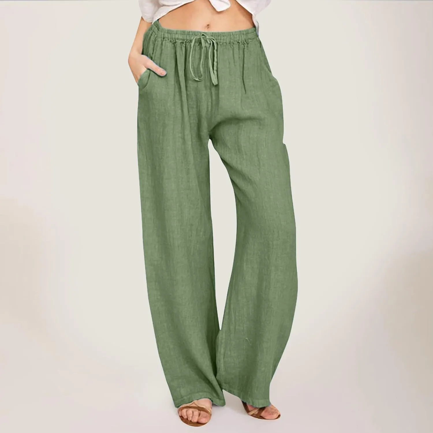 Women's Cotton Linen Summer Loose Palazzo Lounge Pants High Waist Straight Loose Fit Palazzo Pants Work Business