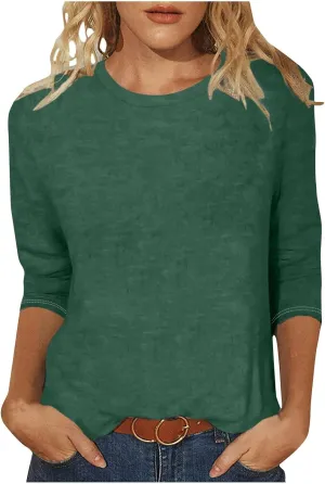 Womens Crew Neck 3/4 Sleeve T Shirts Loose Tunic Tops Casual Solid Basic Tees Three Quarter Length Sleeves Blouses