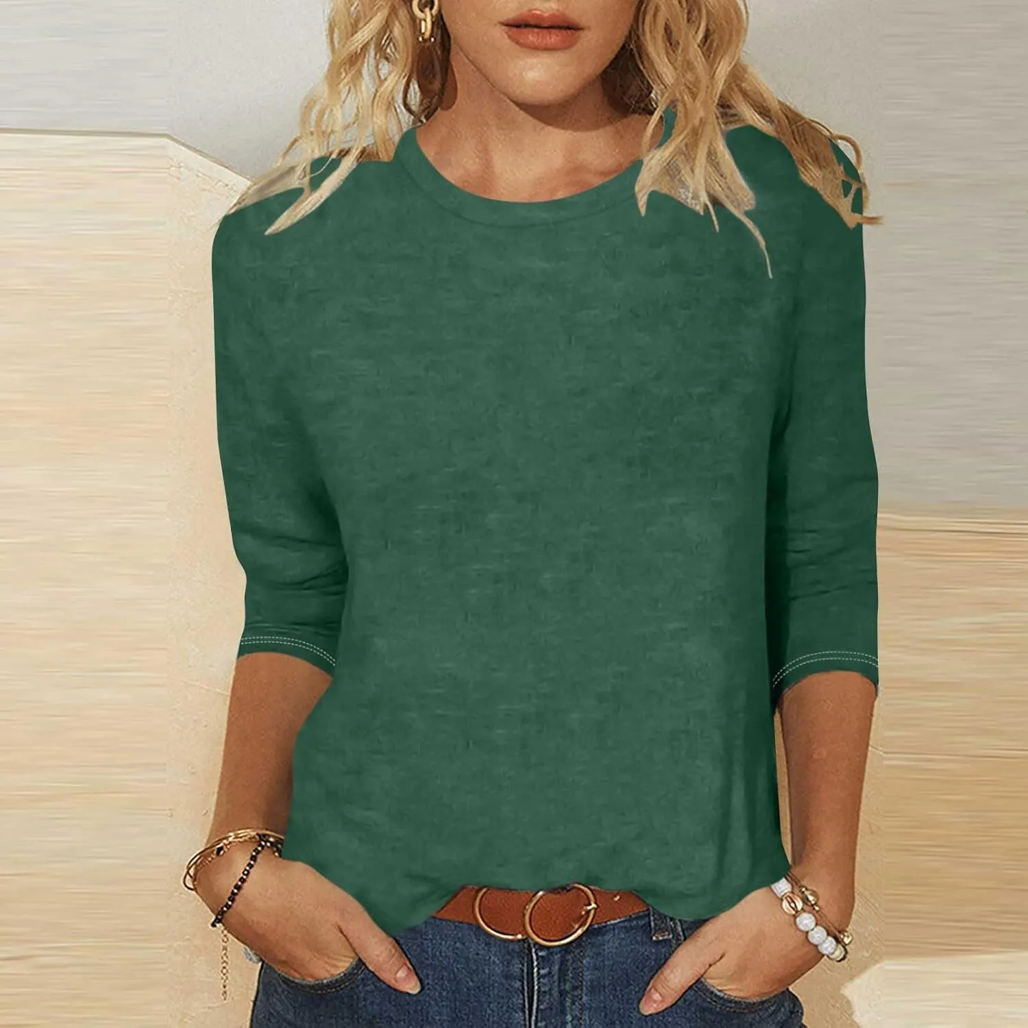 Womens Crew Neck 3/4 Sleeve T Shirts Loose Tunic Tops Casual Solid Basic Tees Three Quarter Length Sleeves Blouses
