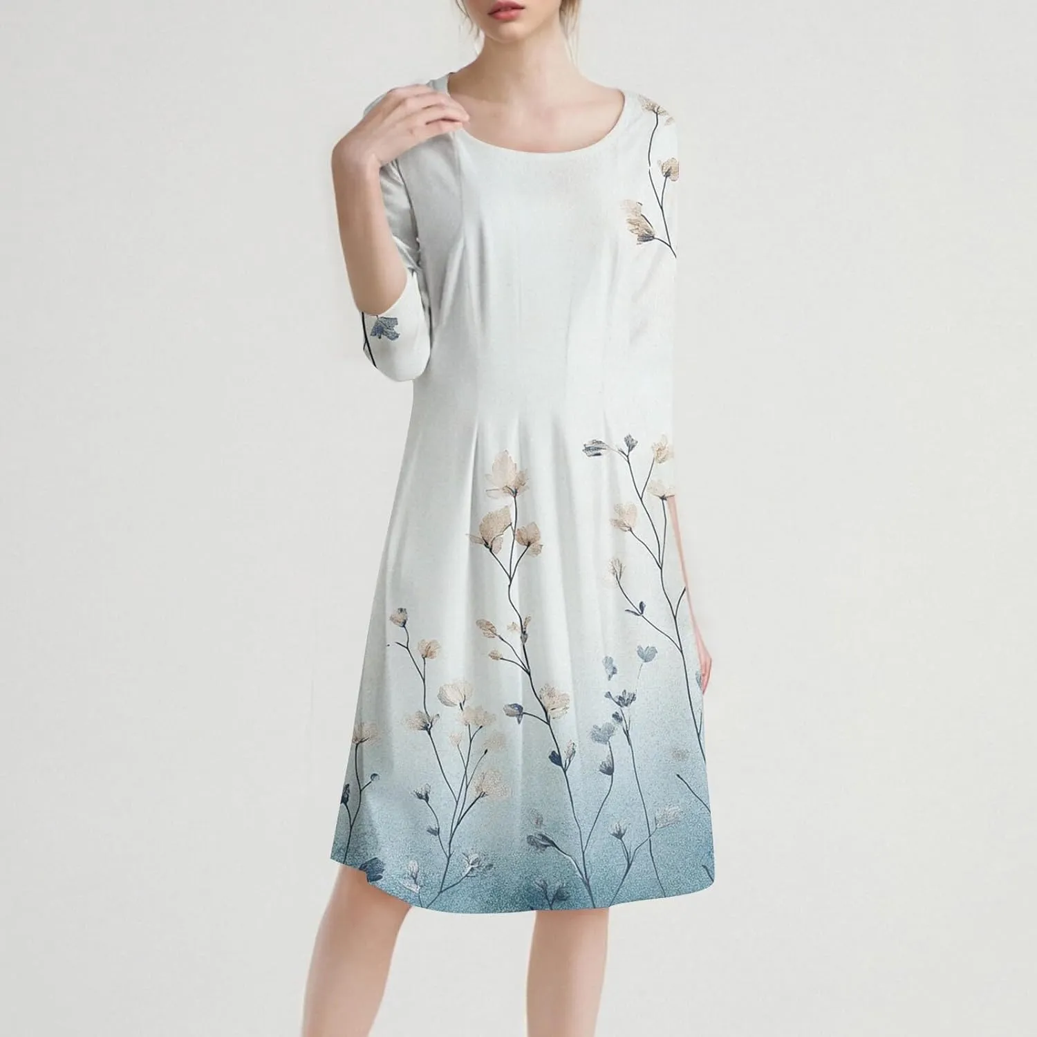 Women's Cute Summer Dresses Neck Three Quarter Sleeves Floral Print Loose Boho Flowy with Pockets Midi Dress, S-3XL