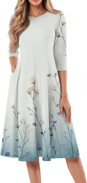 Women's Cute Summer Dresses Neck Three Quarter Sleeves Floral Print Loose Boho Flowy with Pockets Midi Dress, S-3XL