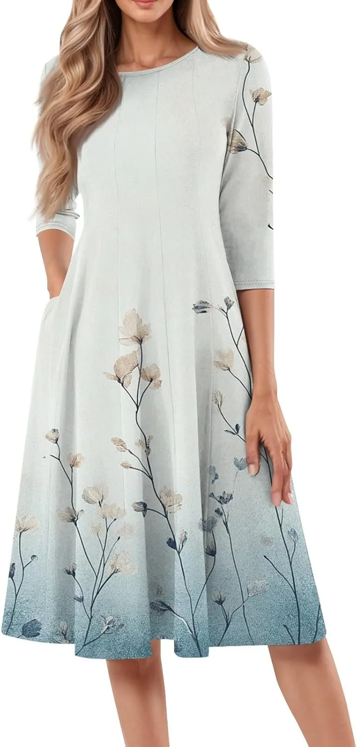 Women's Cute Summer Dresses Neck Three Quarter Sleeves Floral Print Loose Boho Flowy with Pockets Midi Dress, S-3XL