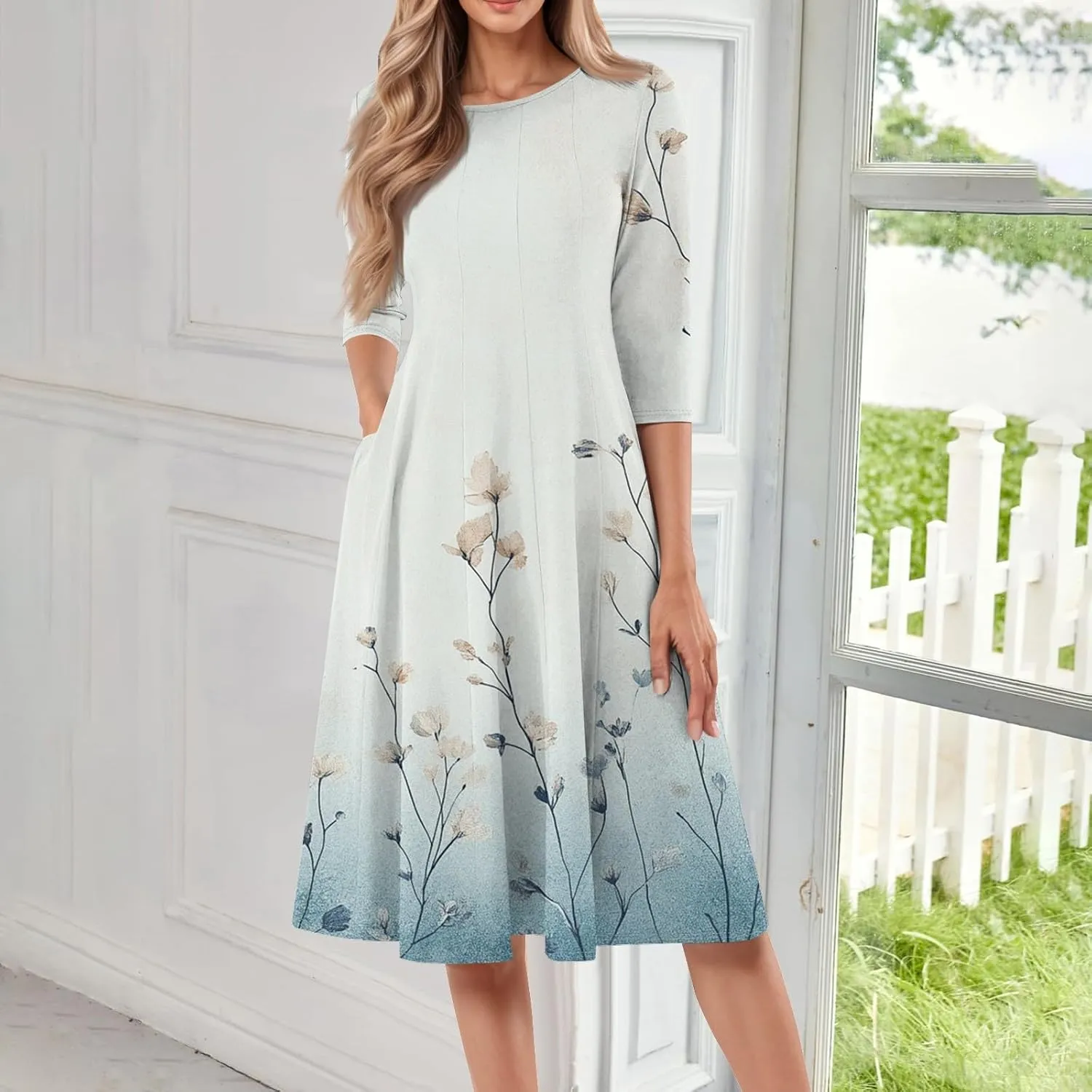 Women's Cute Summer Dresses Neck Three Quarter Sleeves Floral Print Loose Boho Flowy with Pockets Midi Dress, S-3XL