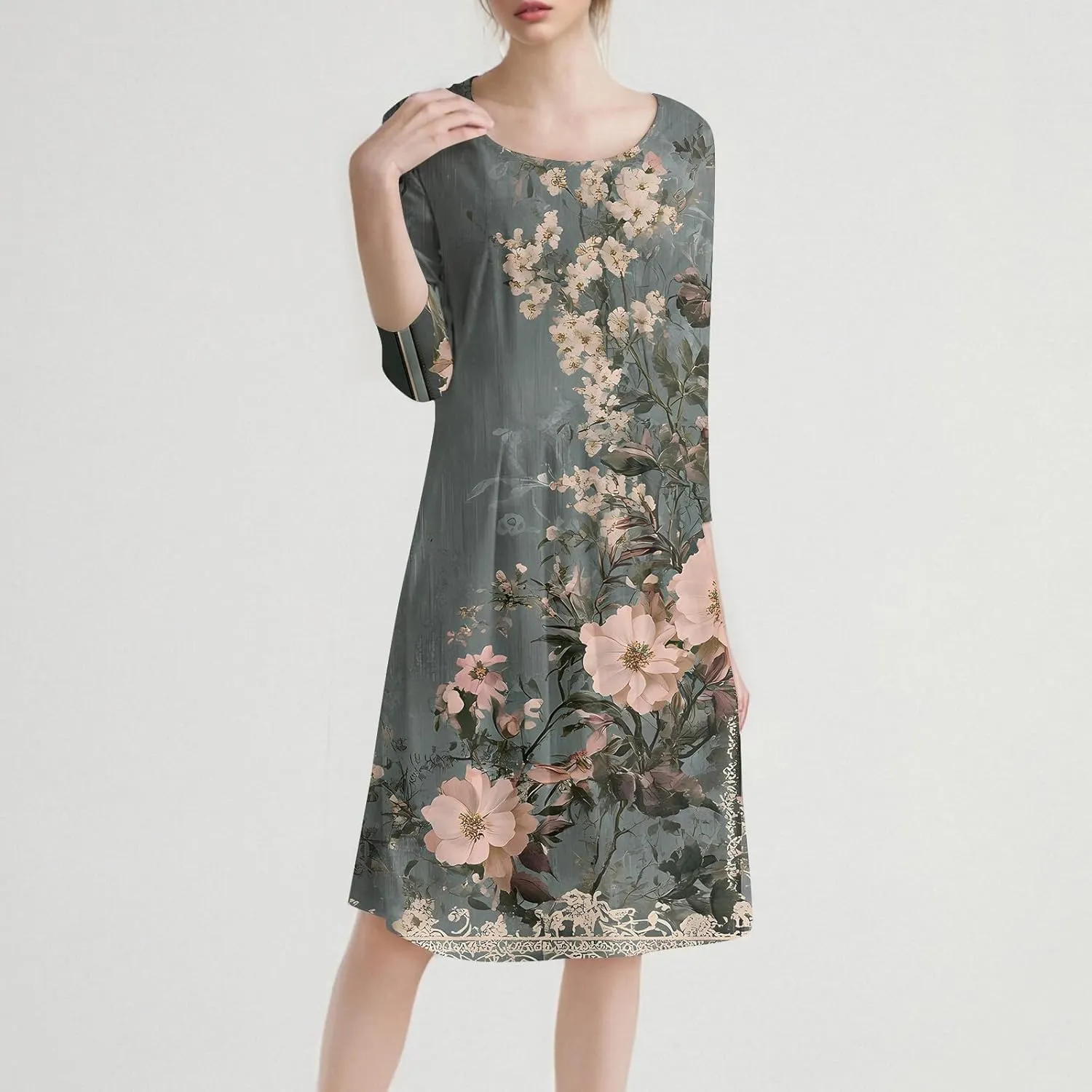 Women's Cute Summer Dresses Neck Three Quarter Sleeves Floral Print Loose Boho Flowy with Pockets Midi Dress, S-3XL