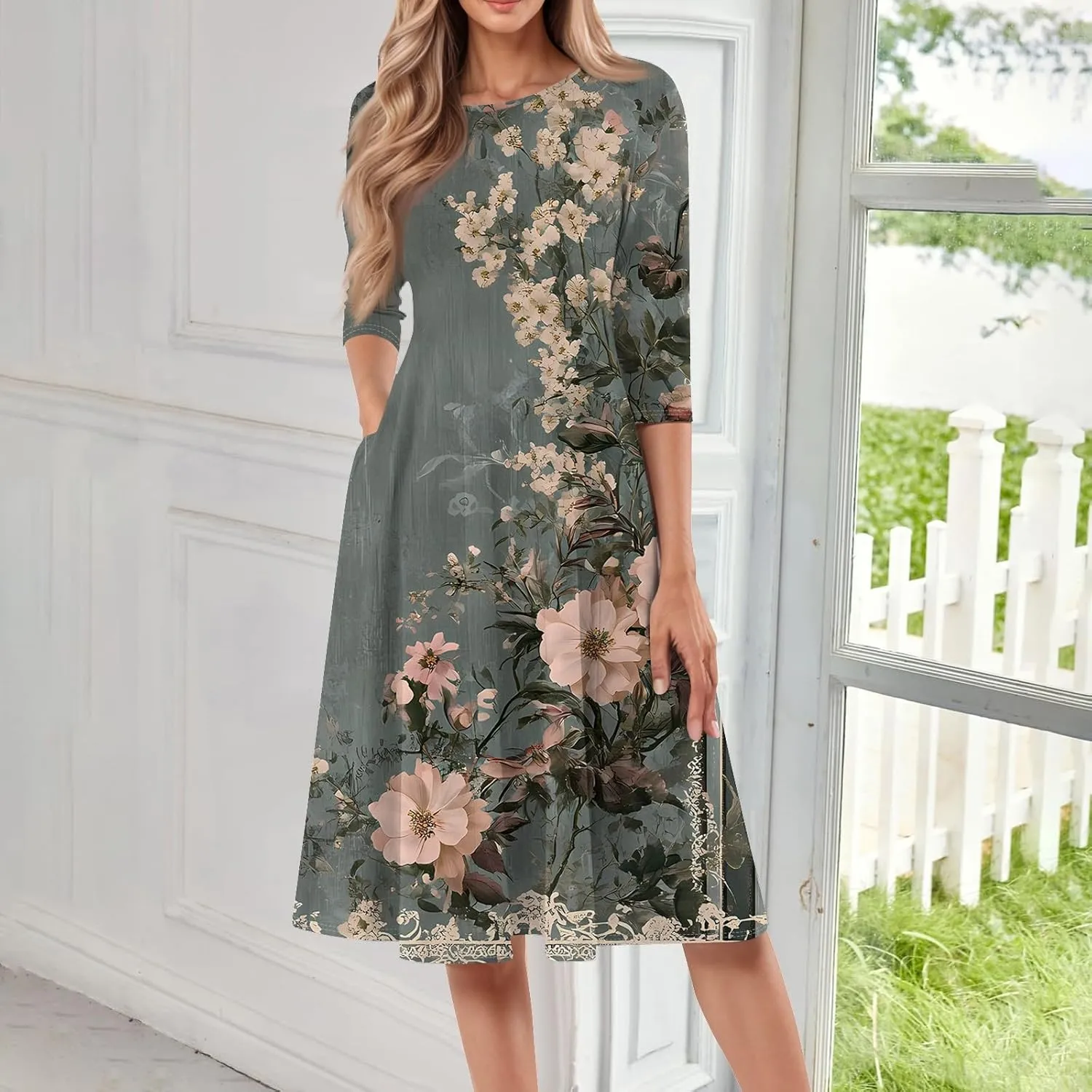 Women's Cute Summer Dresses Neck Three Quarter Sleeves Floral Print Loose Boho Flowy with Pockets Midi Dress, S-3XL