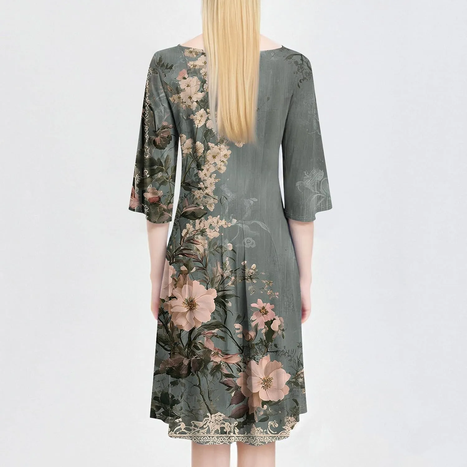 Women's Cute Summer Dresses Neck Three Quarter Sleeves Floral Print Loose Boho Flowy with Pockets Midi Dress, S-3XL