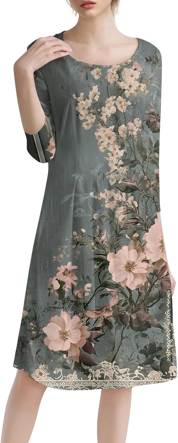 Women's Cute Summer Dresses Neck Three Quarter Sleeves Floral Print Loose Boho Flowy with Pockets Midi Dress, S-3XL