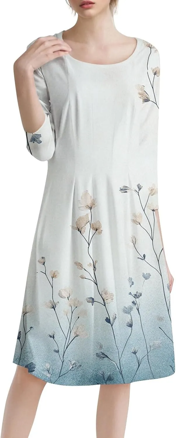 Women's Cute Summer Dresses Neck Three Quarter Sleeves Floral Print Loose Boho Flowy with Pockets Midi Dress, S-3XL