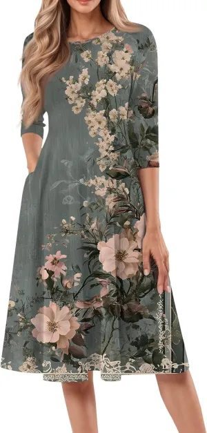 Women's Cute Summer Dresses Neck Three Quarter Sleeves Floral Print Loose Boho Flowy with Pockets Midi Dress, S-3XL