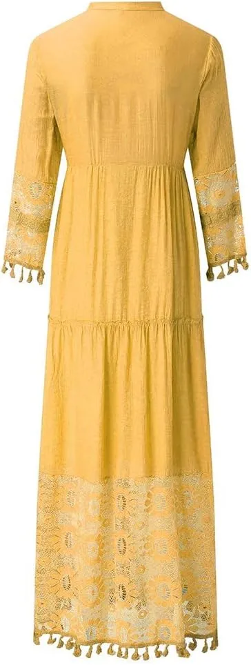 Womens Deep V Neck Sexy Boho Dress Floral Lace Trim Fringed Maxi Dress Ruffle Tiered Flowy Wedding Cocktail Dresses