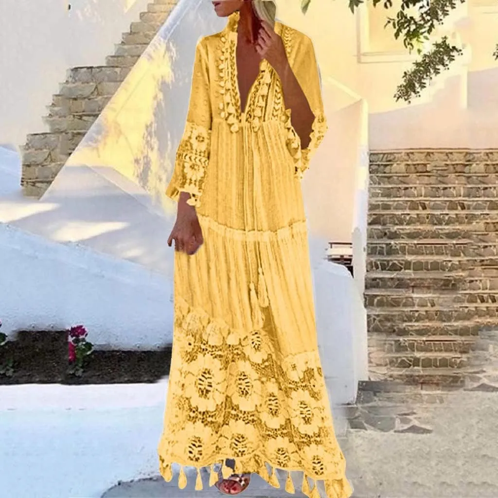 Womens Deep V Neck Sexy Boho Dress Floral Lace Trim Fringed Maxi Dress Ruffle Tiered Flowy Wedding Cocktail Dresses