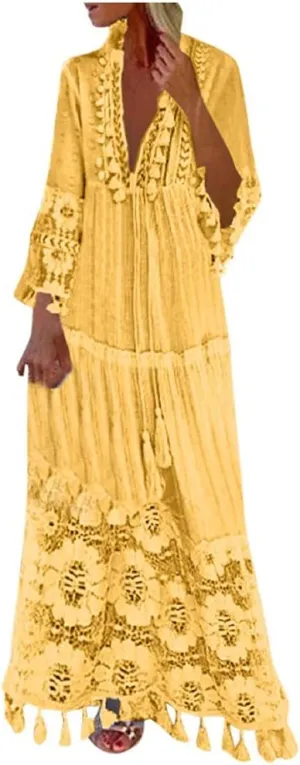 Womens Deep V Neck Sexy Boho Dress Floral Lace Trim Fringed Maxi Dress Ruffle Tiered Flowy Wedding Cocktail Dresses