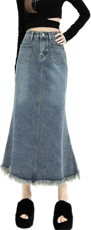 Women's Denim Half Skirt for Spring and Autumn, Retro High-Waisted Medium-Length A-Line Skirt