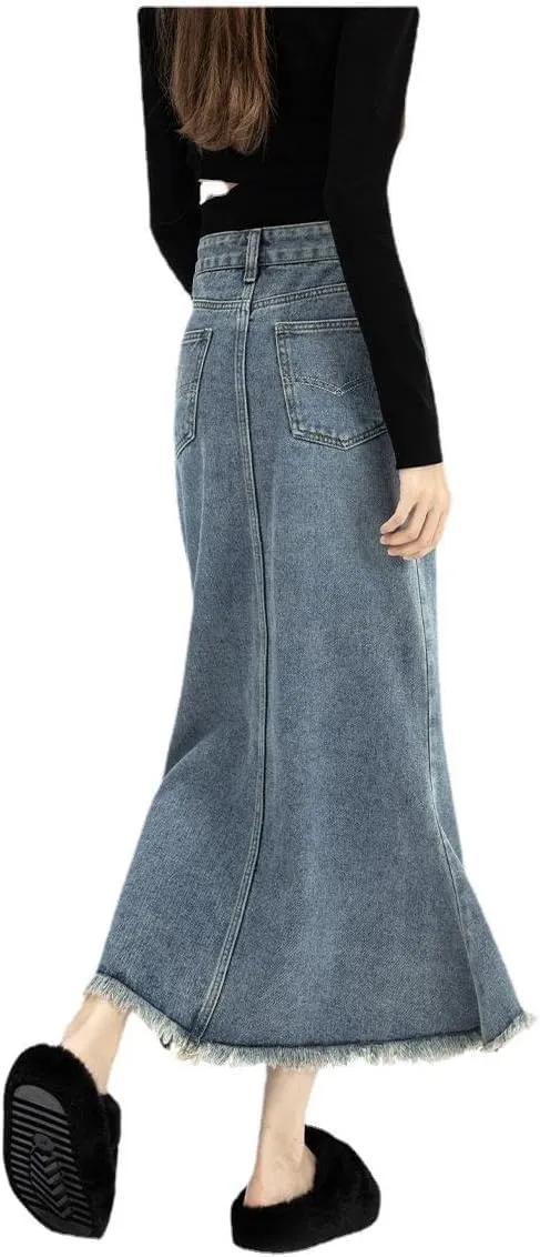 Women's Denim Half Skirt for Spring and Autumn, Retro High-Waisted Medium-Length A-Line Skirt