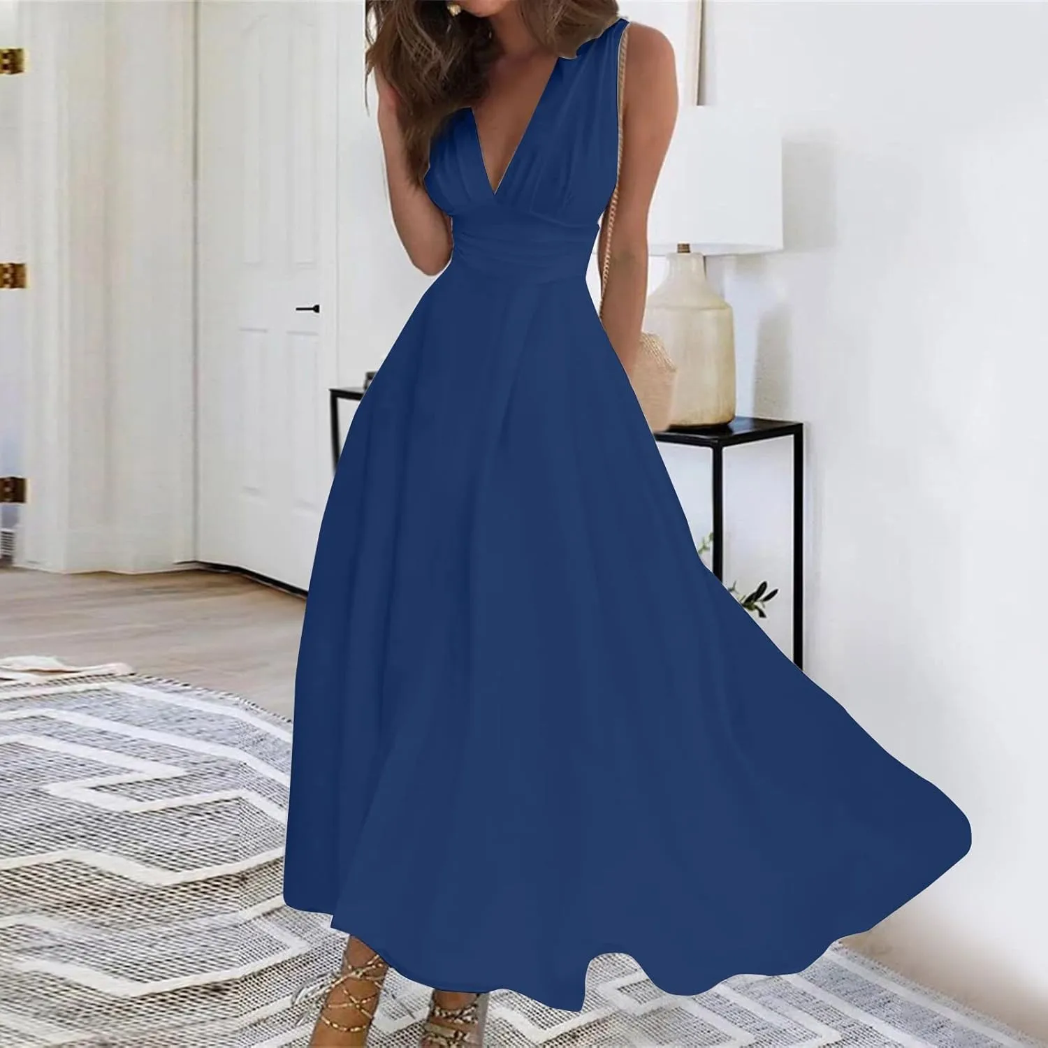 Womens Dresses Sleeveless Floral Print Maxi Dress Flowy Ruched Wrap V Neck Beach Dresses Trendy Sundress