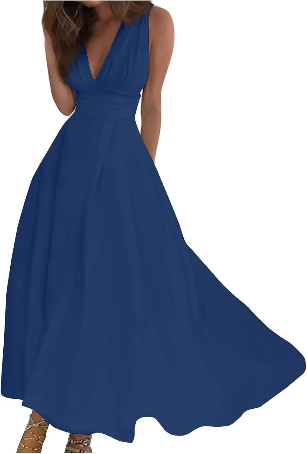 Womens Dresses Sleeveless Floral Print Maxi Dress Flowy Ruched Wrap V Neck Beach Dresses Trendy Sundress