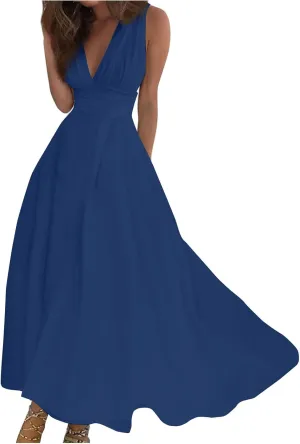 Womens Dresses Sleeveless Floral Print Maxi Dress Flowy Ruched Wrap V Neck Beach Dresses Trendy Sundress