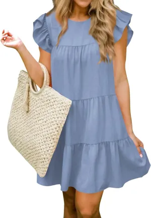 Women's Dresses Summer Round Neck Ruffle Sleeve Solid Color Beach Flowy Short Tunic Mini Dress 2025, S-2XL